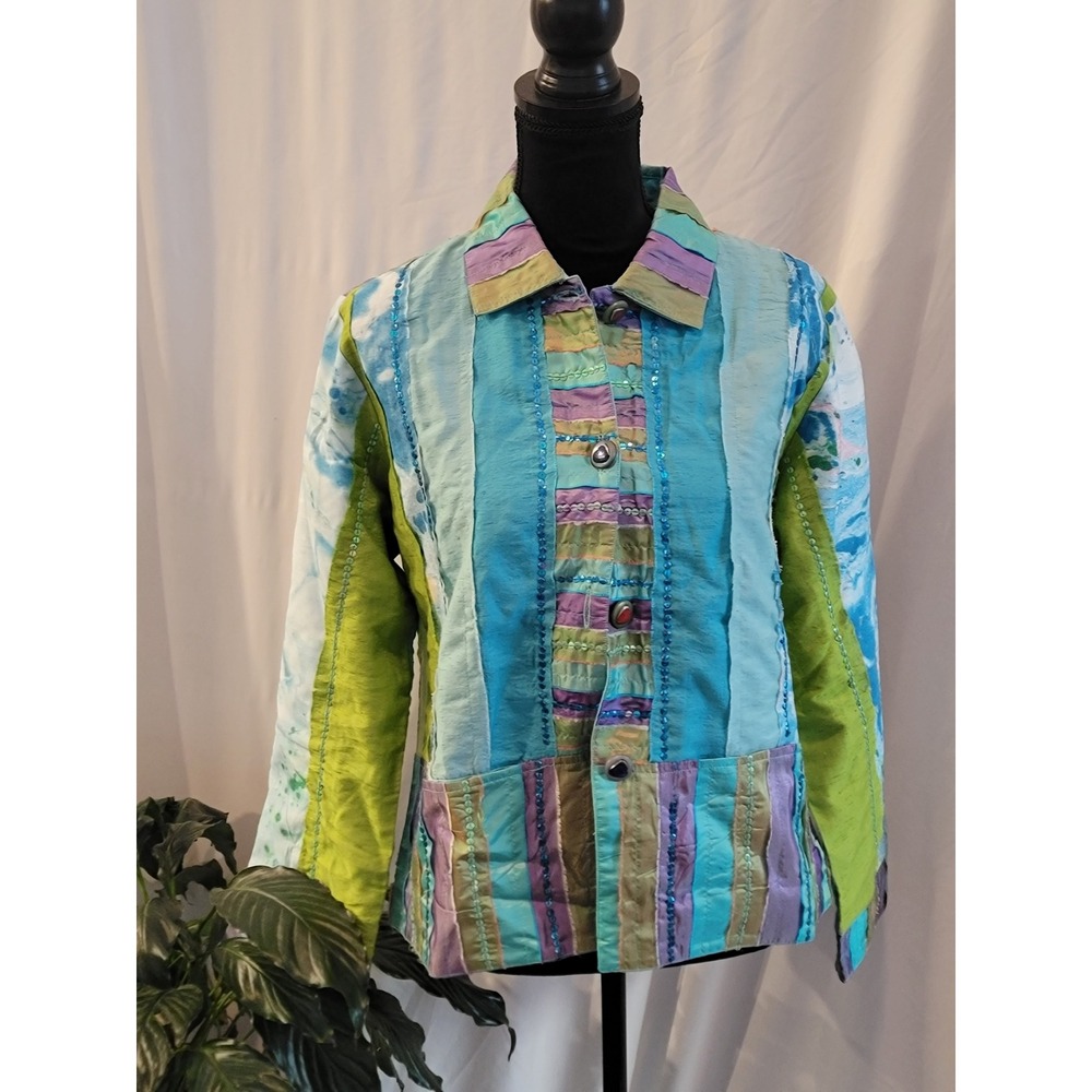 Parsley & Sage Womens Blue Green Patchwork Sequin Art to Wear Jacket Size M